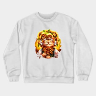 Ukrainian cat in folk costume, wearing a wreath of sunflowers, basking in the sun Crewneck Sweatshirt